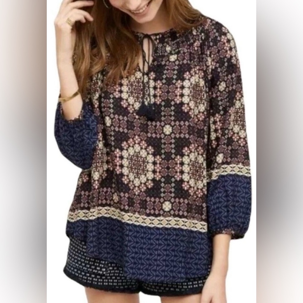 Anthropologie 11 1 Tylho Kay Geometric floral smocked peasant top -Multi Col - L